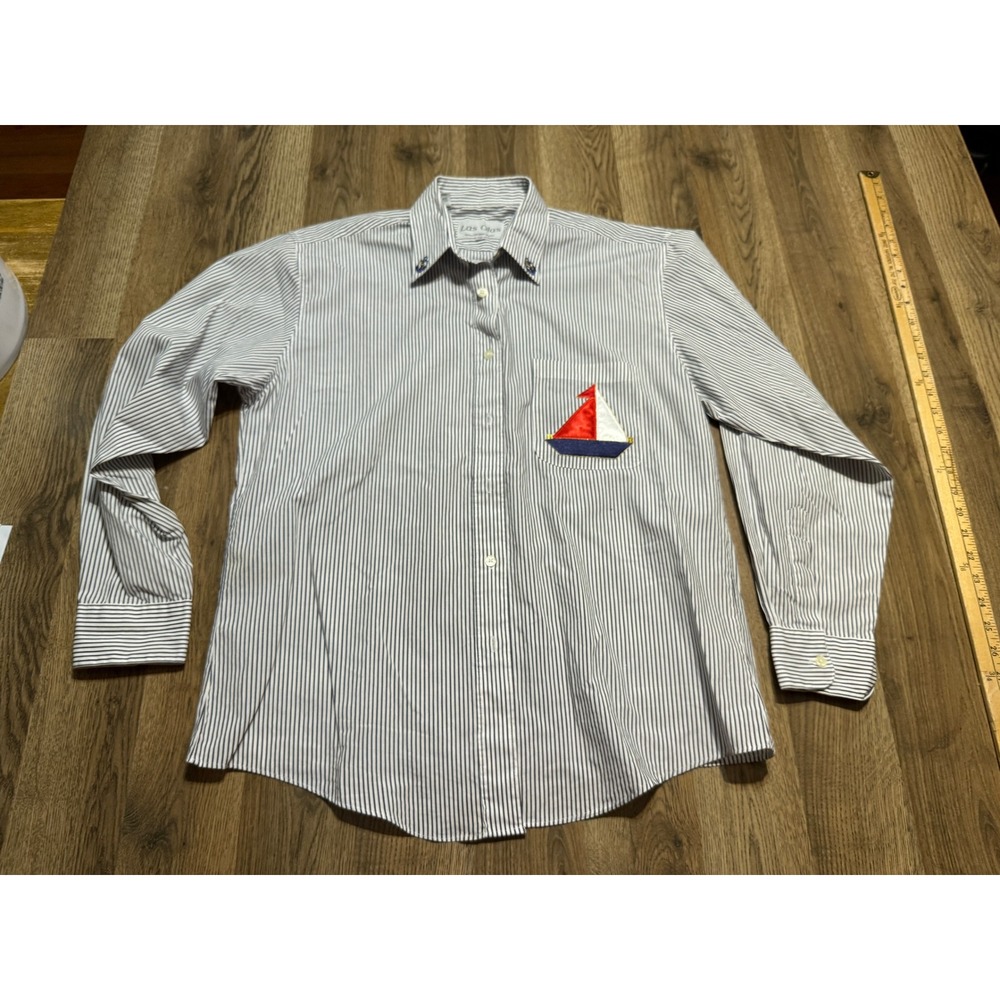 Las Olas Shirt Womens Size M Navy Blue White Button Up Patch Sailboat Striped